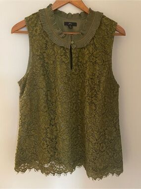 J. Crew Olive Lace Sleeveless Blouse with Pleated Collar